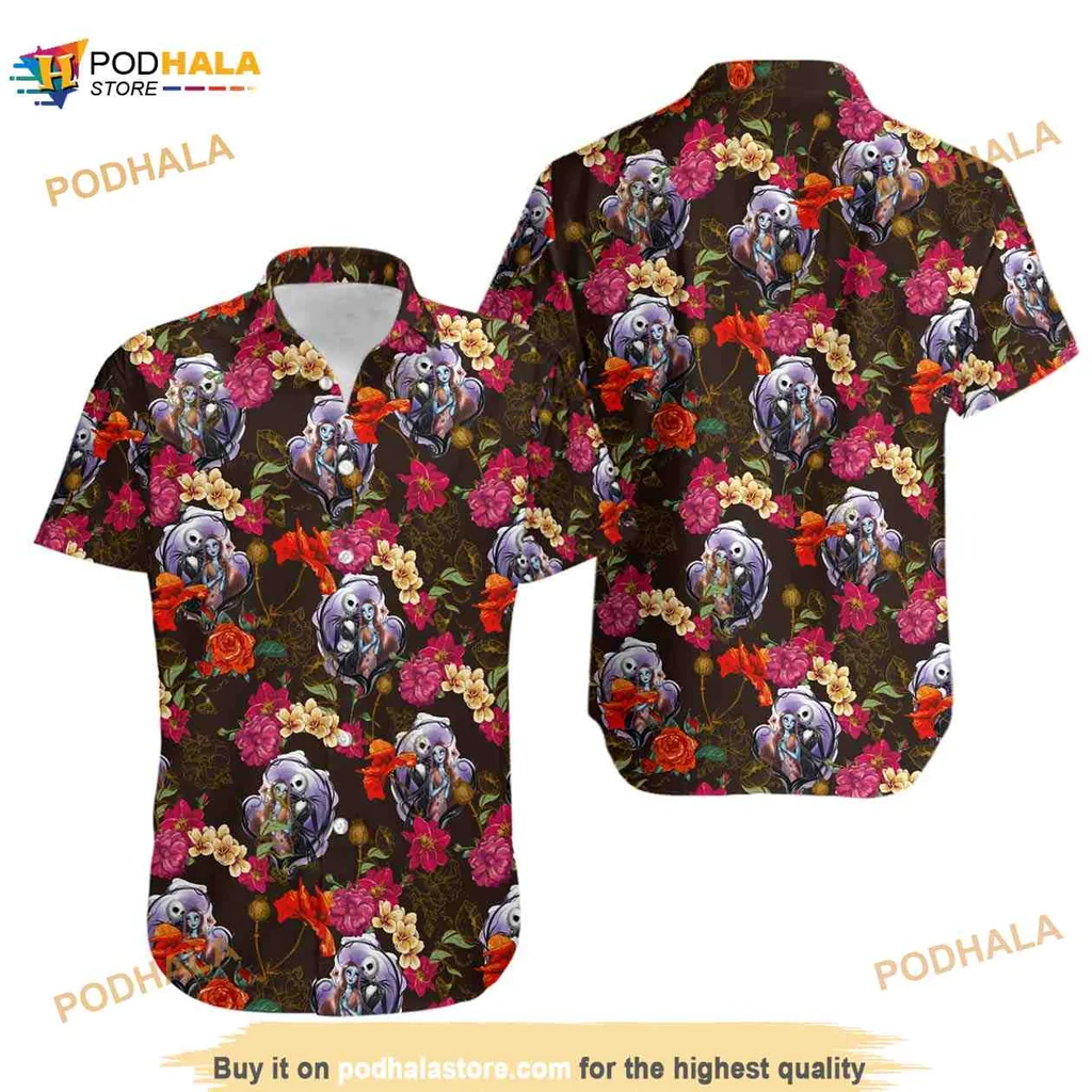 Jack Skellington Sally Halloween Hawaiian Shirt With Colorful Floral Design