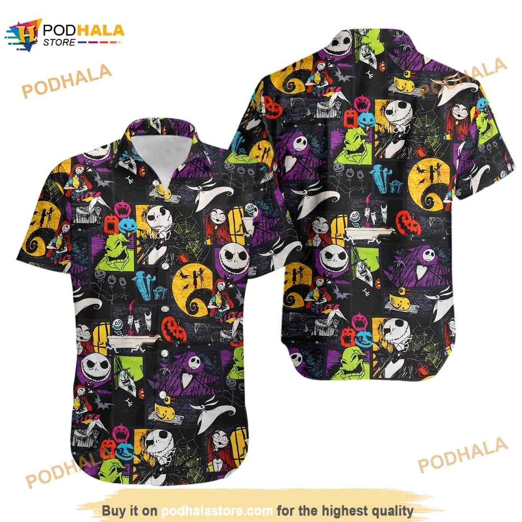 Jack Skellington Sally Hawaiian Shirt With Halloween Motifs