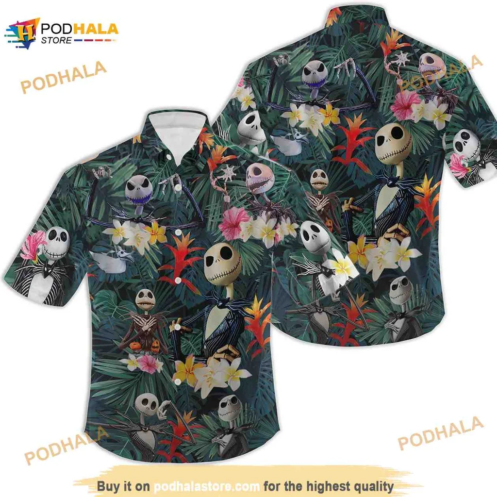 Jack Skellington Tropical Hawaiian Shirt With Colorful Floral Design