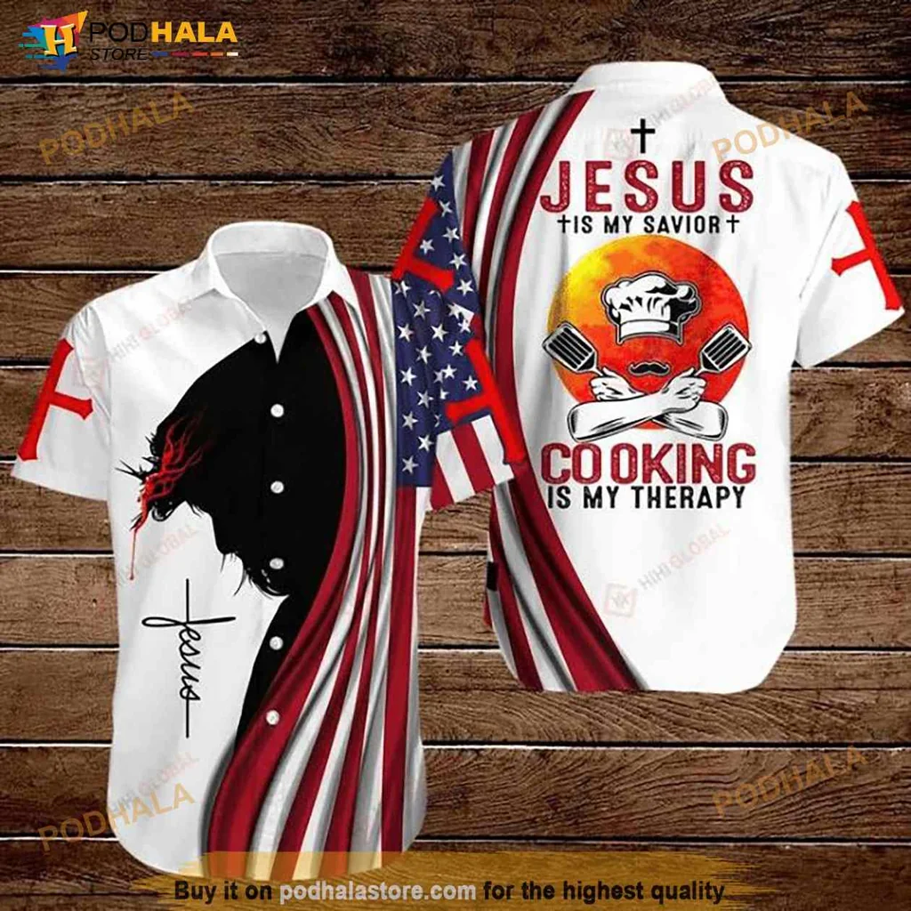 Jesus Cooking Therapy Hawaiian Shirt With American Flag Design