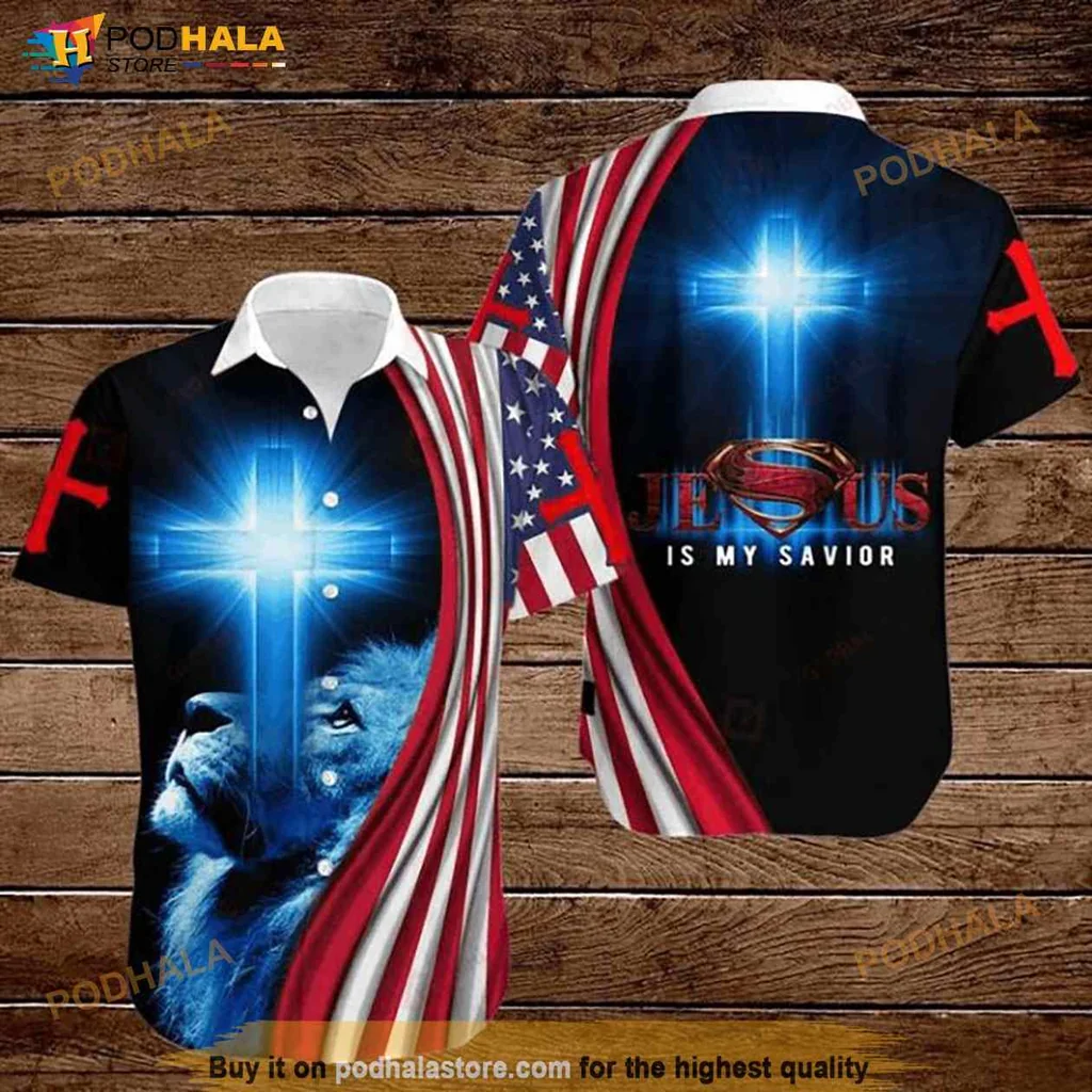 Jesus Lion Patriotic Hawaiian Shirt With Illuminated Cross And American Flag
