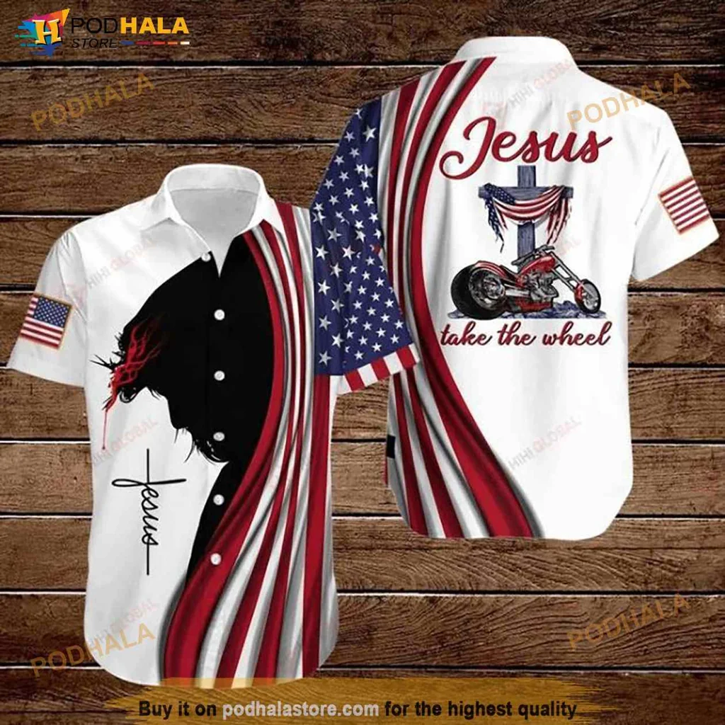 Jesus Take The Wheel Hawaiian Shirt With American Flag Design
