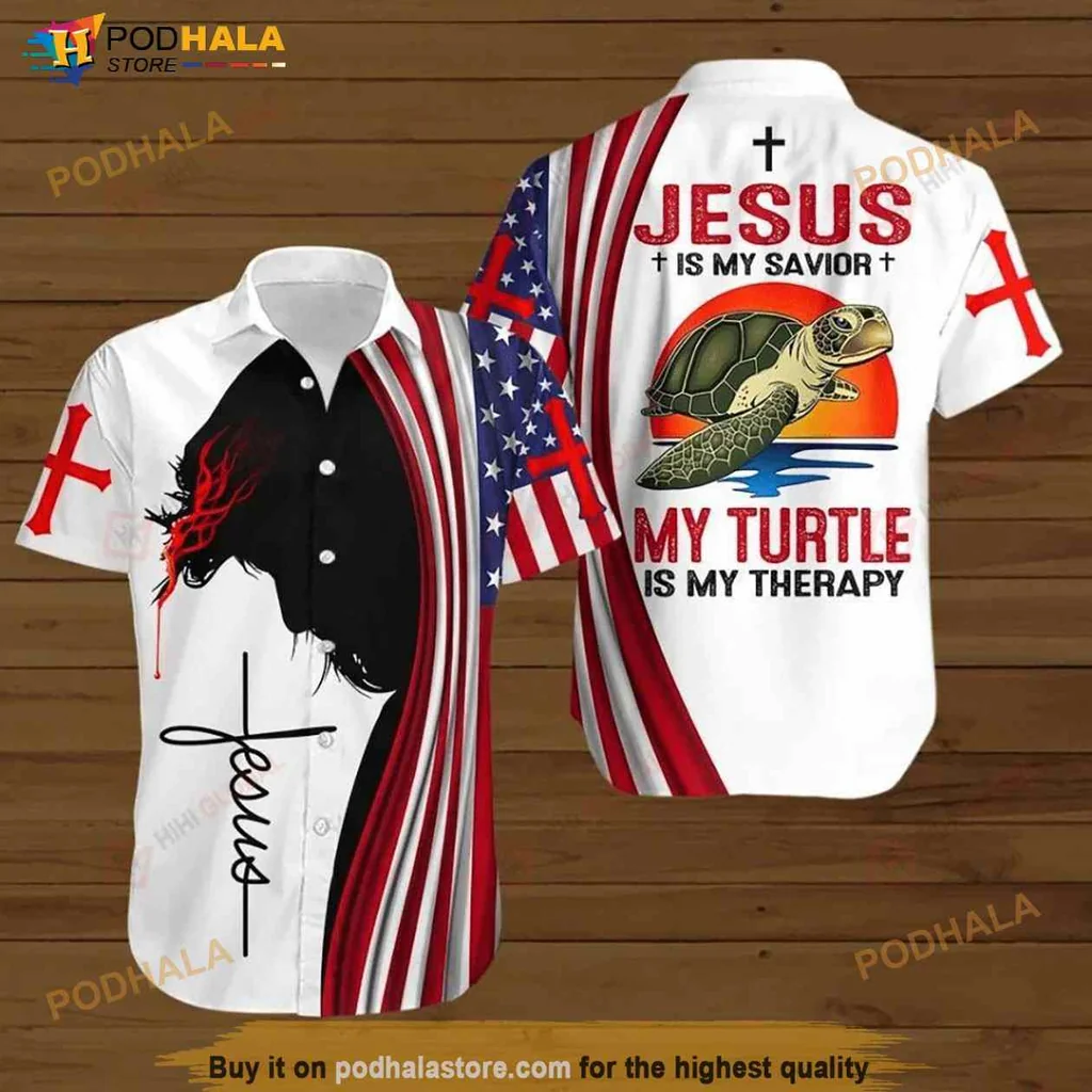 Jesus Turtle Therapy Hawaiian Shirt, Patriotic Design With Cross And American Flag