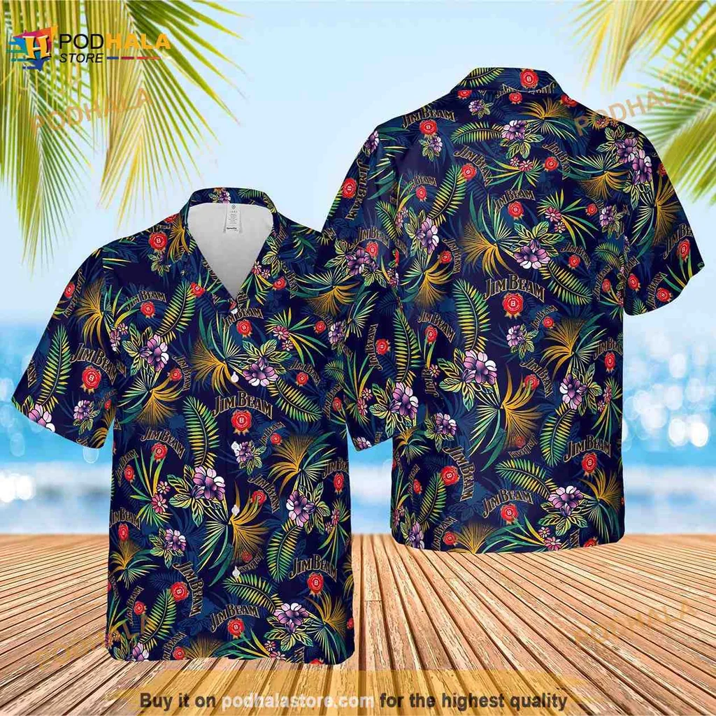Jim Beam Bourbon Whiskey Hawaiian Shirt With Tropical Floral Design