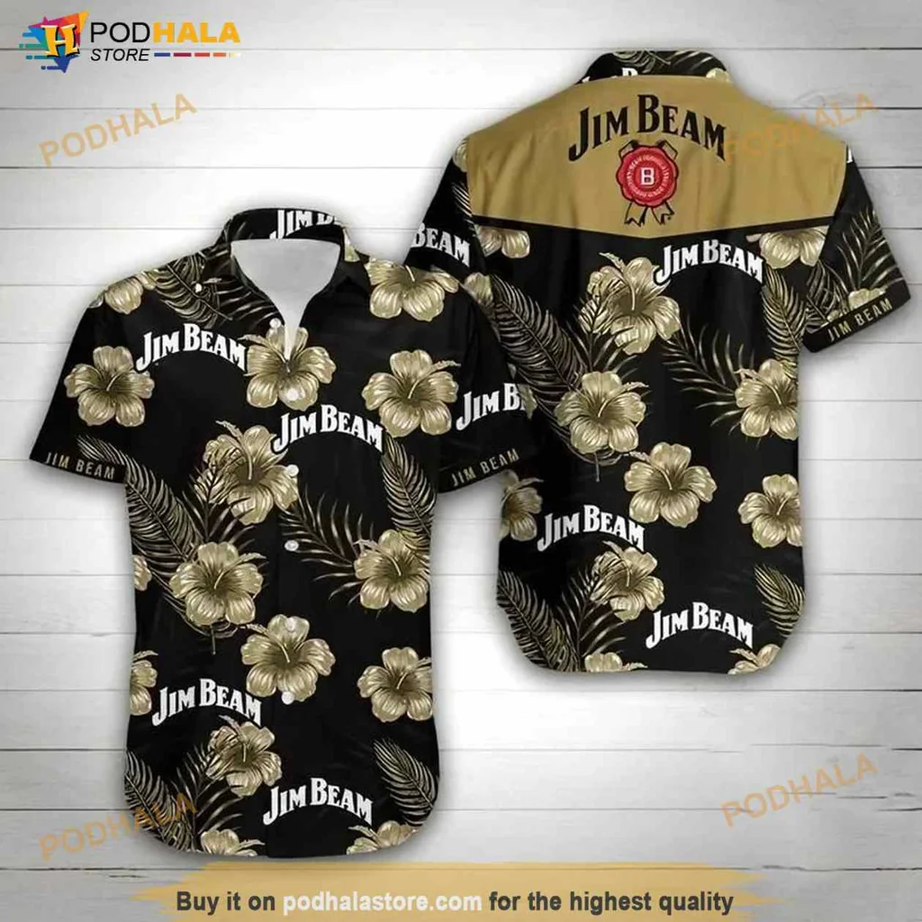 Jim Beam Hawaiian Shirt With Vibrant Hibiscus Design