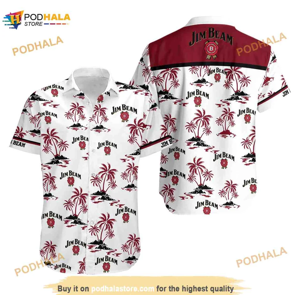 Jim Beam Tropical Aloha Shirt With Palm Trees And Beach Scene