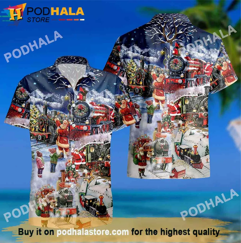 Joyful Santa Claus Hawaiian Shirt, Festive Train Design For Christmas Celebrations