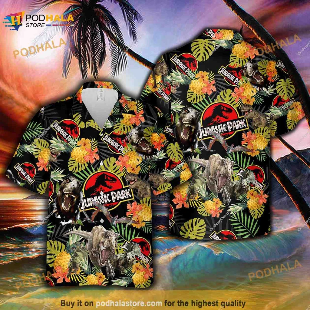 Jurassic Park Tropical Hawaiian Shirt With Hibiscus Flowers And T Rex Logo
