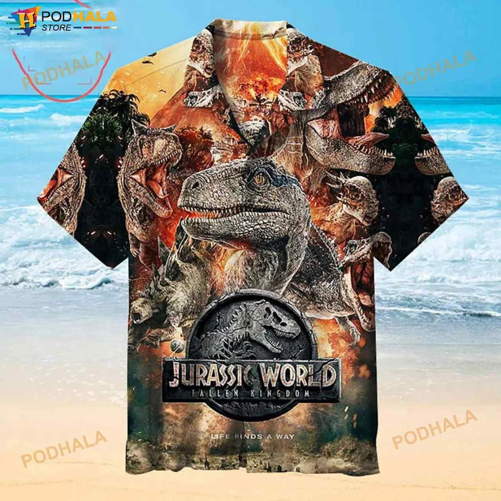 Jurassic World Dinosaur Aloha Shirt With T Rex And Prehistoric Landscape