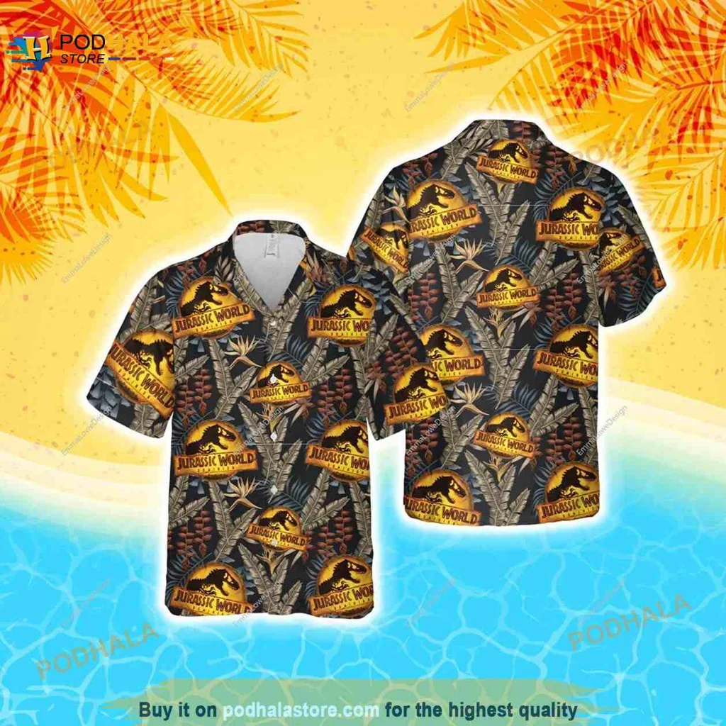 Jurassic World Dinosaur Aloha Shirt With Tropical Foliage Design