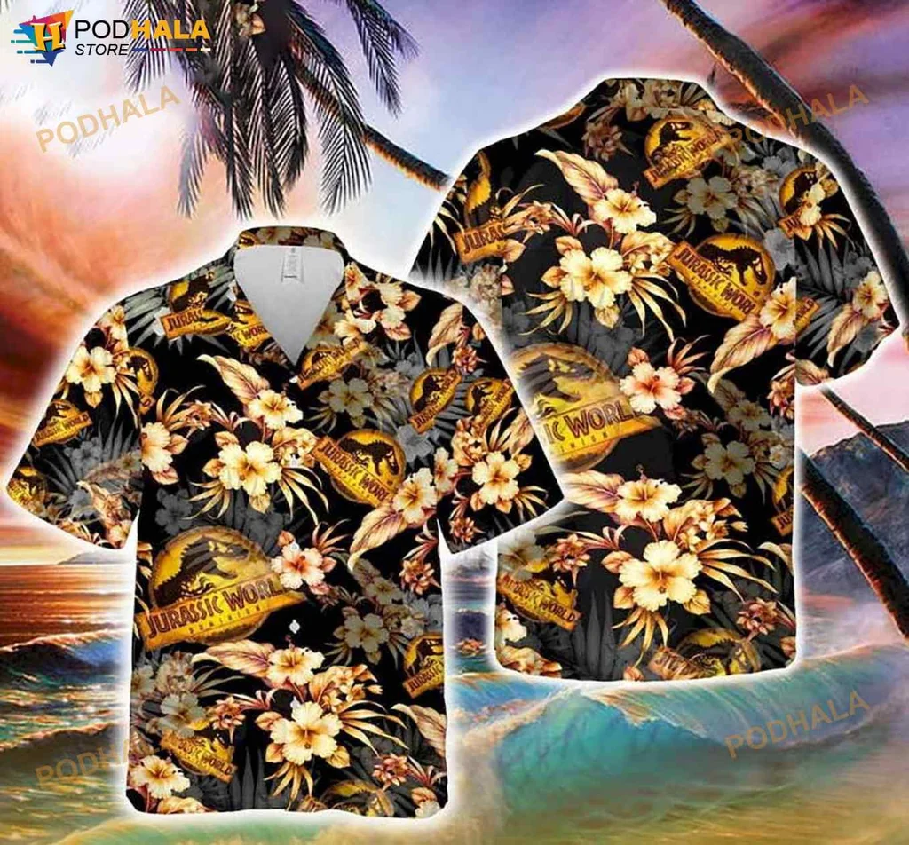 Jurassic World Dinosaur Hawaiian Shirt With Colorful Hibiscus Design