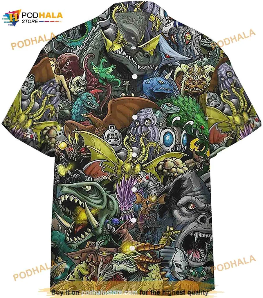 Kaiju Monsters Hawaiian Shirt Featuring Vibrant Collage Of Mythical Creatures