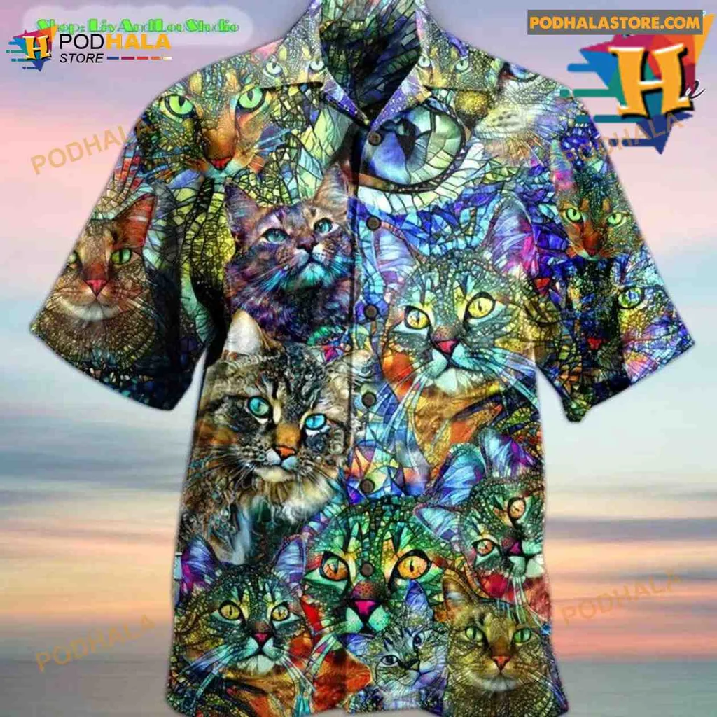 Kaleidoscope Cat Aloha Shirt Featuring Colorful Abstract Cat Faces