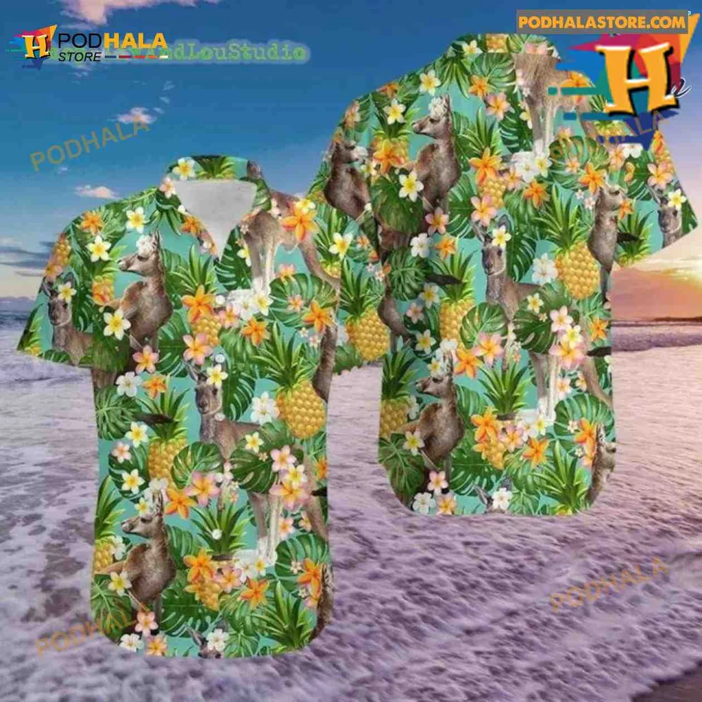 Kangaroo Tropical Beach Shirt With Colorful Pineapples And Flowers