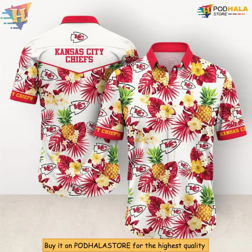 Kansas City Chiefs Aloha Hawaiian Shirt With Red Pineapples And Hibiscus Flowers