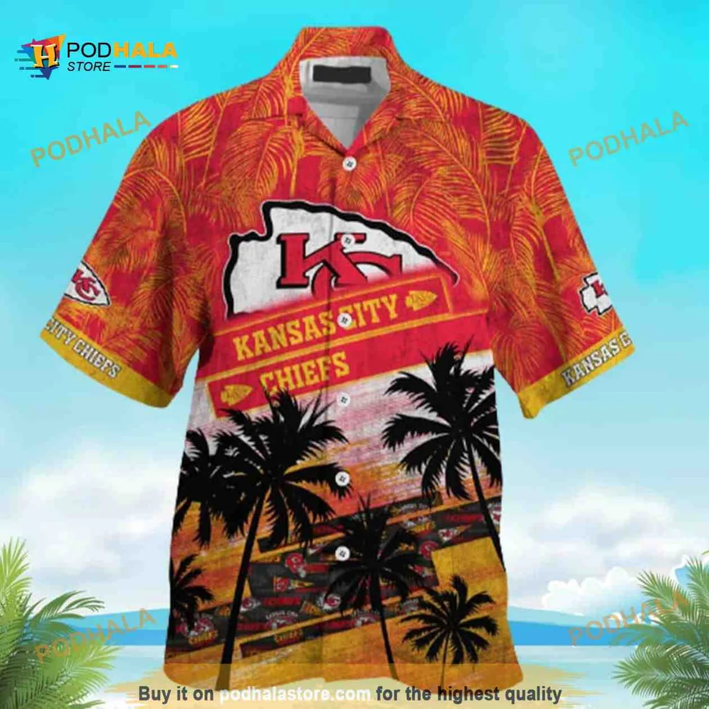 Kansas City Chiefs Beach Shirt With Sunset Gradient And Palm Trees