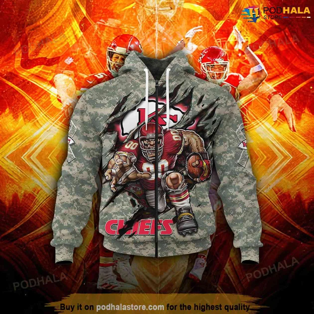 Kansas City Chiefs Camo Hoodie Featuring Dynamic Football Player Design - View 2 Kansas City Chiefs Camo Hoodie Featuring Dynamic Football Player Design - View 2