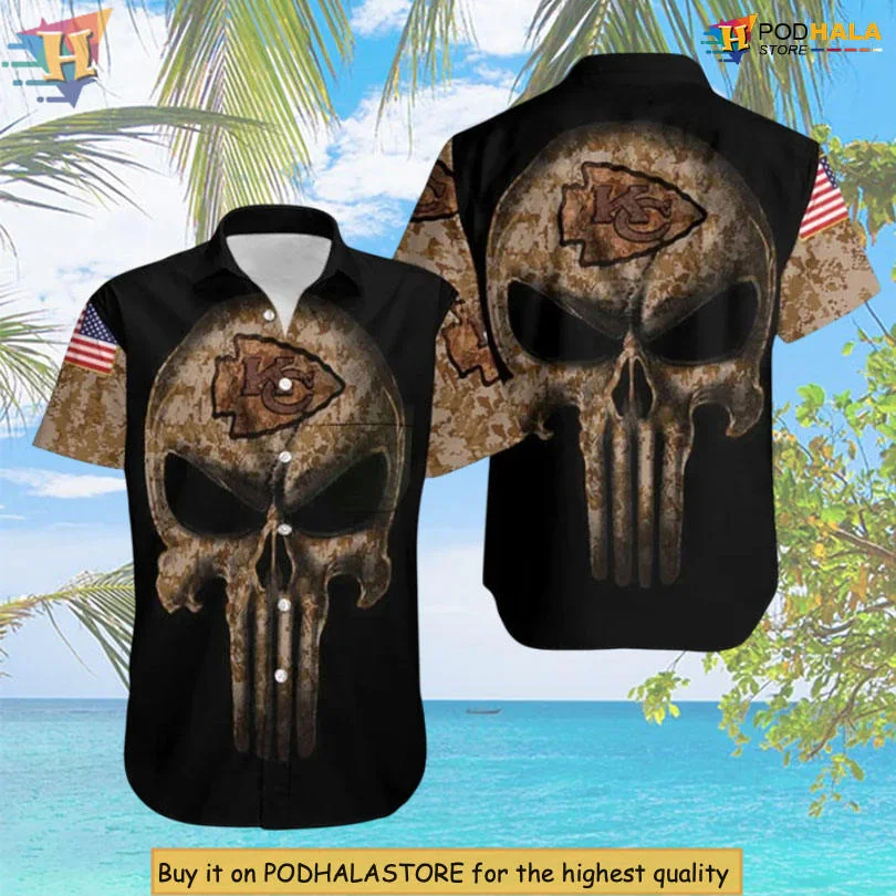 Kansas City Chiefs Camouflage Hawaiian Shirt With Skull And Flag Design