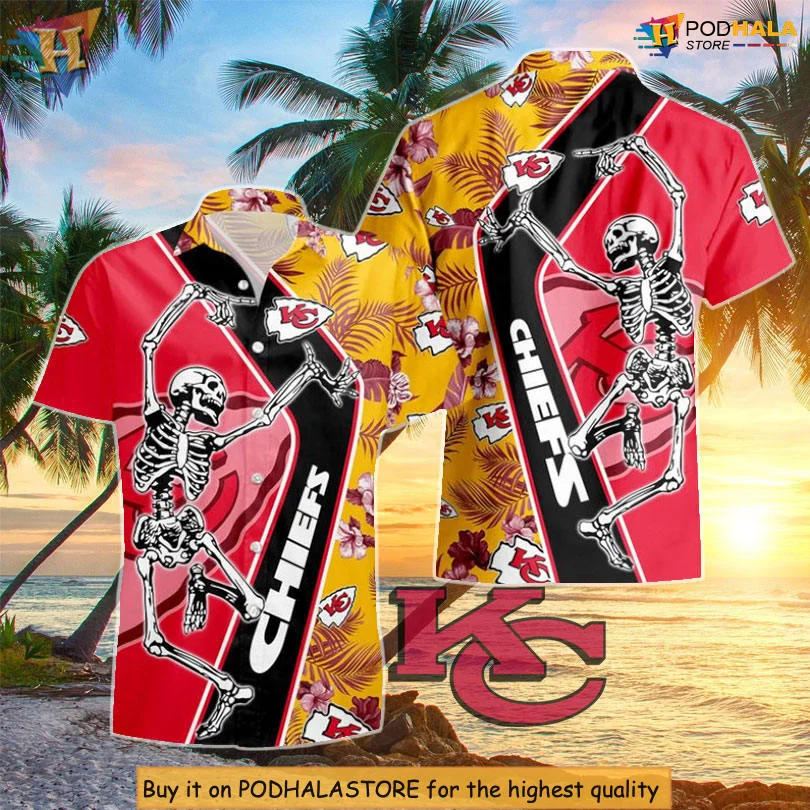 Kansas City Chiefs Dancing Skeleton Hawaiian Shirt With Tropical Design