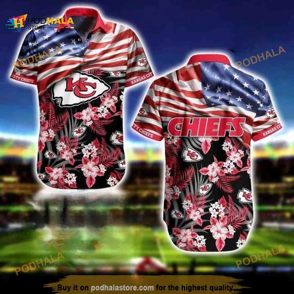 Kansas City Chiefs Floral Hawaiian Shirt With American Flag Design