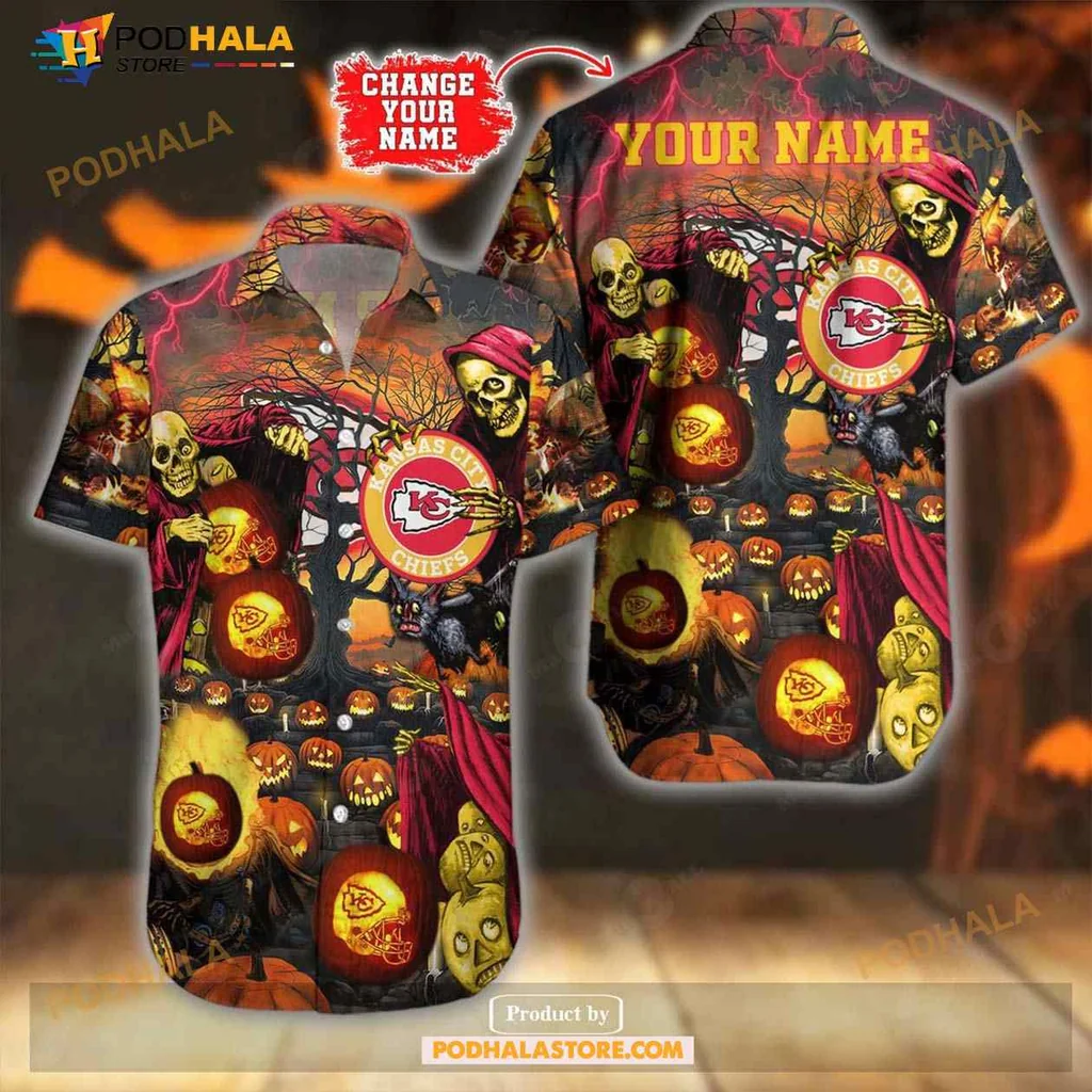Kansas City Chiefs Halloween Aloha Shirt With Skeleton And Pumpkins