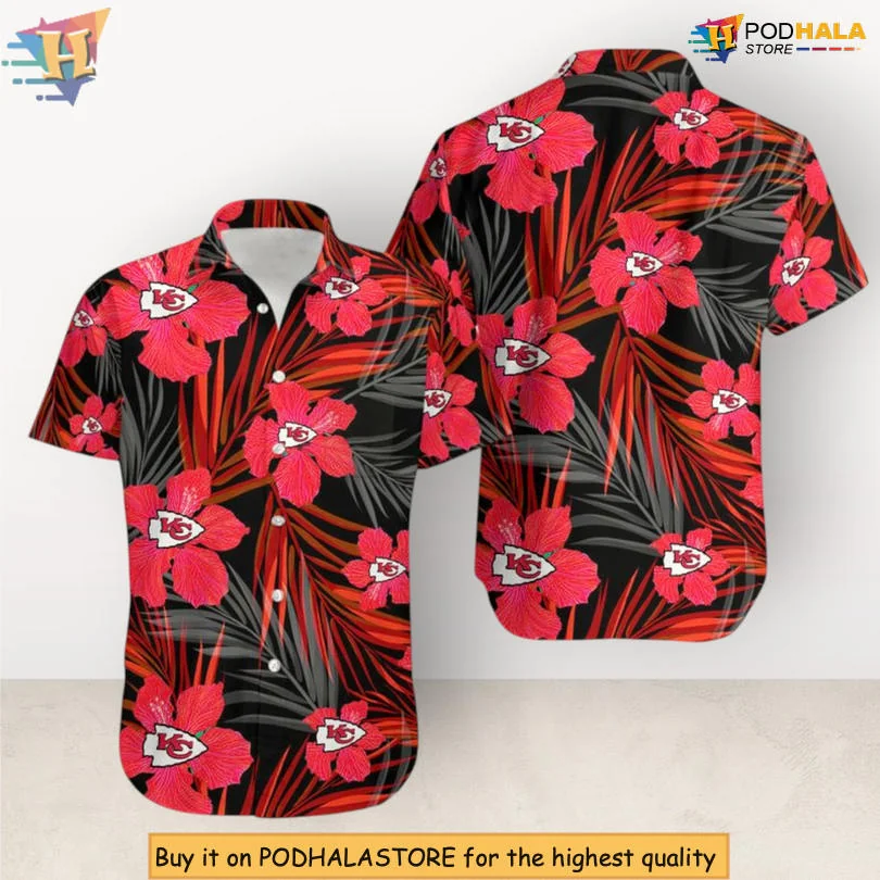 Kansas City Chiefs Hawaiian Shirt With Red Hibiscus Flowers And Palm Leaves