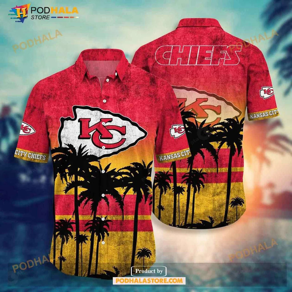 Kansas City Chiefs Hawaiian Shirt With Sunset Gradient And Palm Trees
