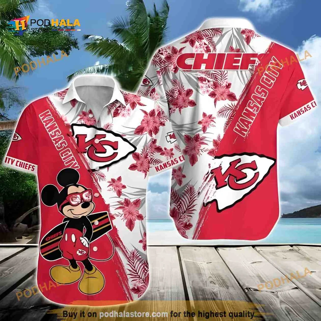 Kansas City Chiefs Mickey Mouse Hawaiian Shirt With Tropical Flowers