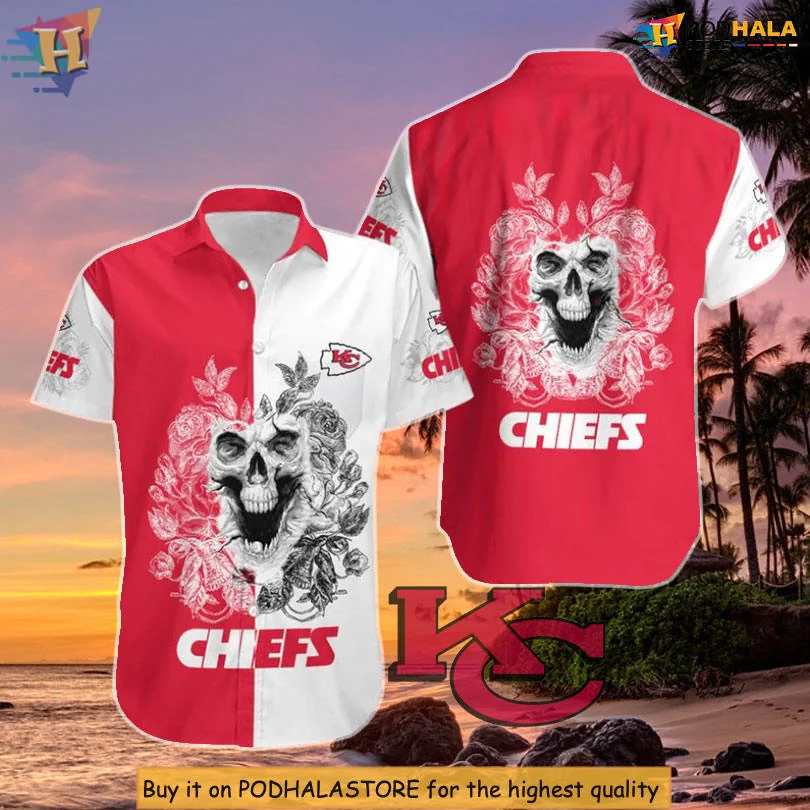 Kansas City Chiefs Skull Aloha Shirt With Floral Design