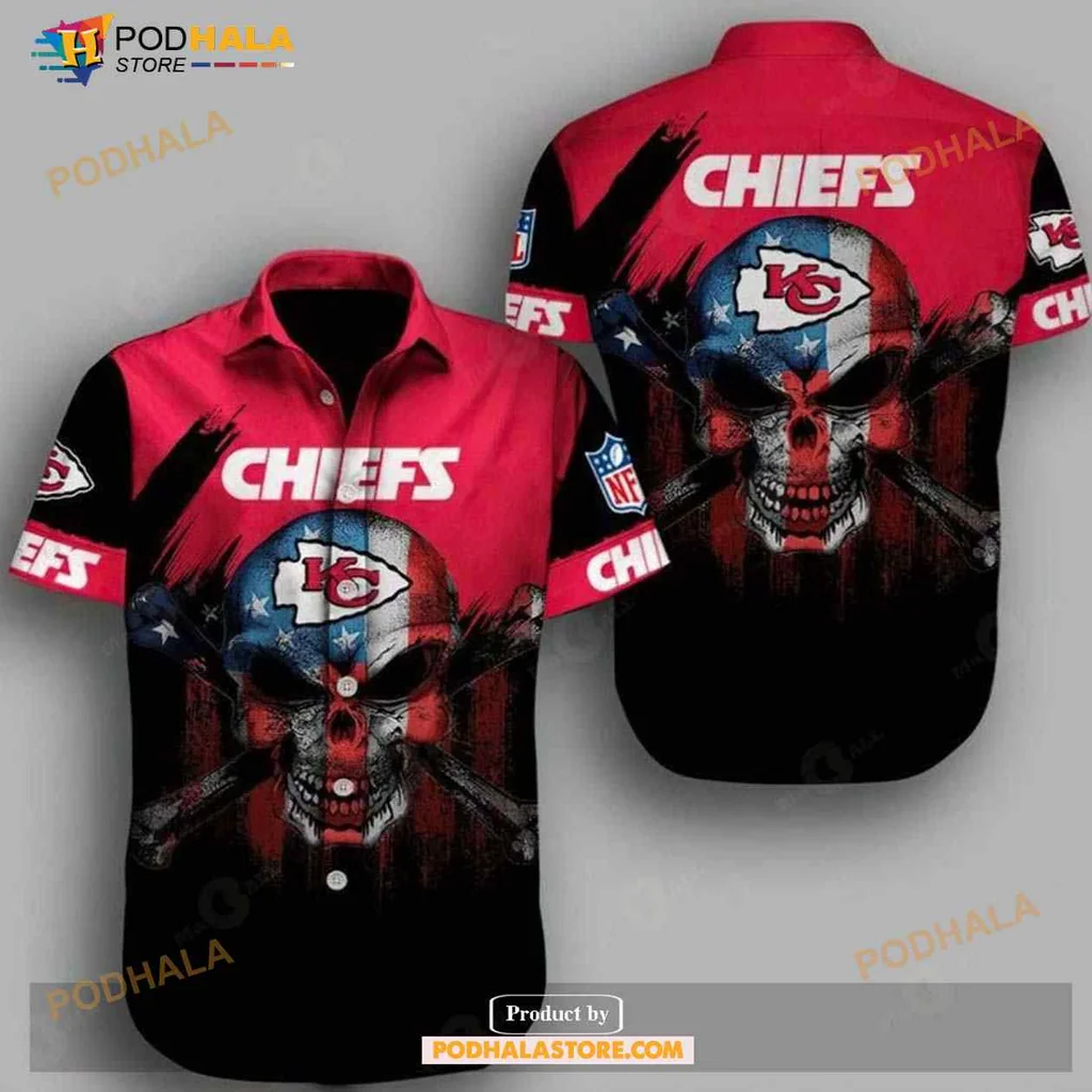 Kansas City Chiefs Skull Hawaiian Shirt With American Flag Design