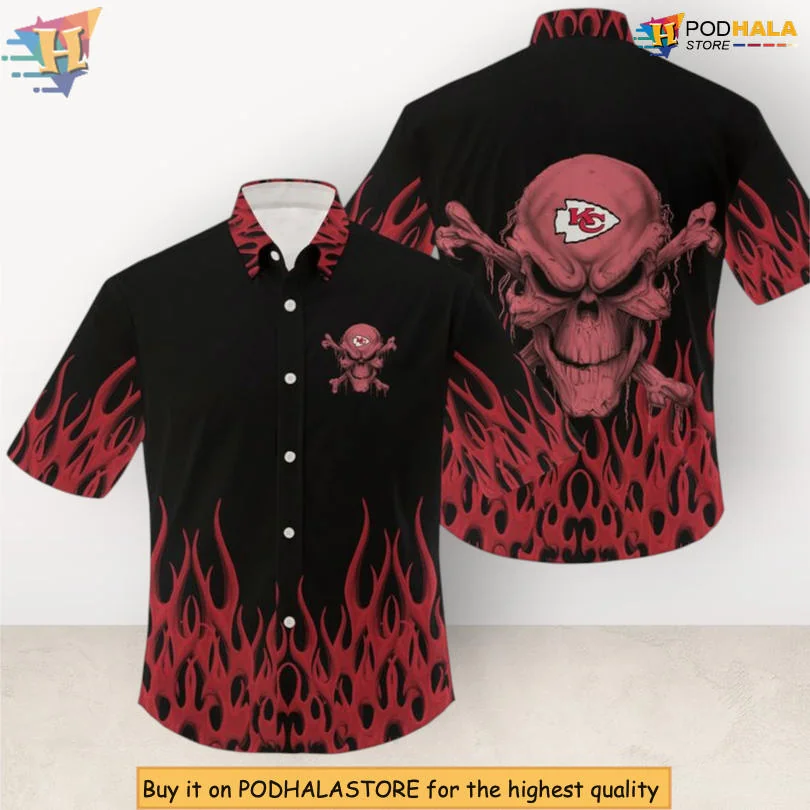 Kansas City Chiefs Skull Hawaiian Shirt With Bold Red Flames Design