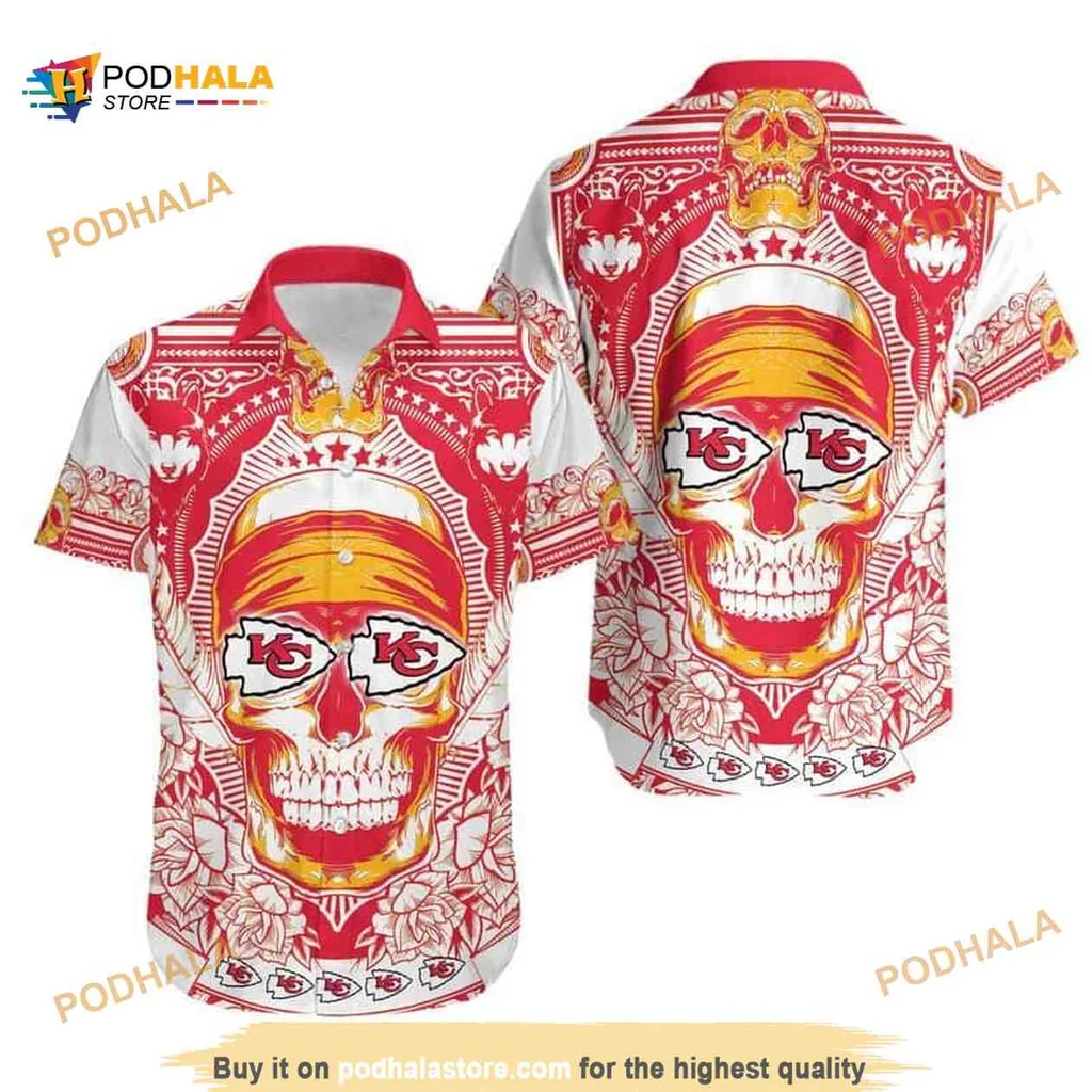 Kansas City Chiefs Skull Hawaiian Shirt With Floral Design