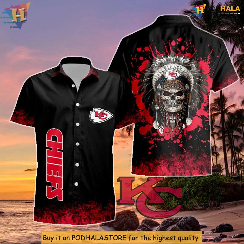 Kansas City Chiefs Skull Hawaiian Shirt With Native American Headdress