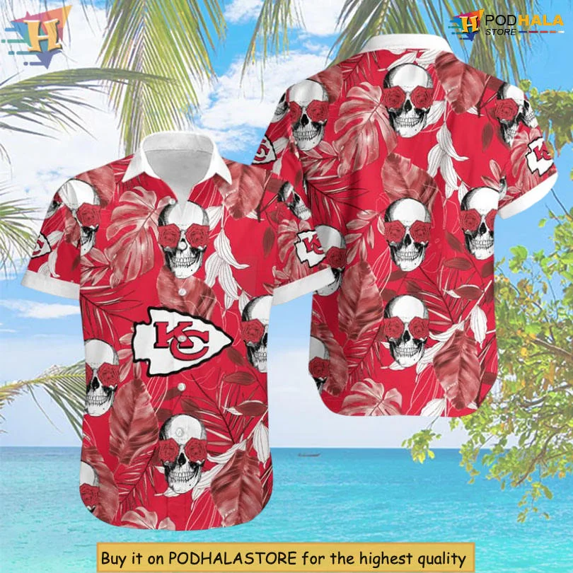 Kansas City Chiefs Skull Hawaiian Shirt With Tropical Coconut Leaves Design