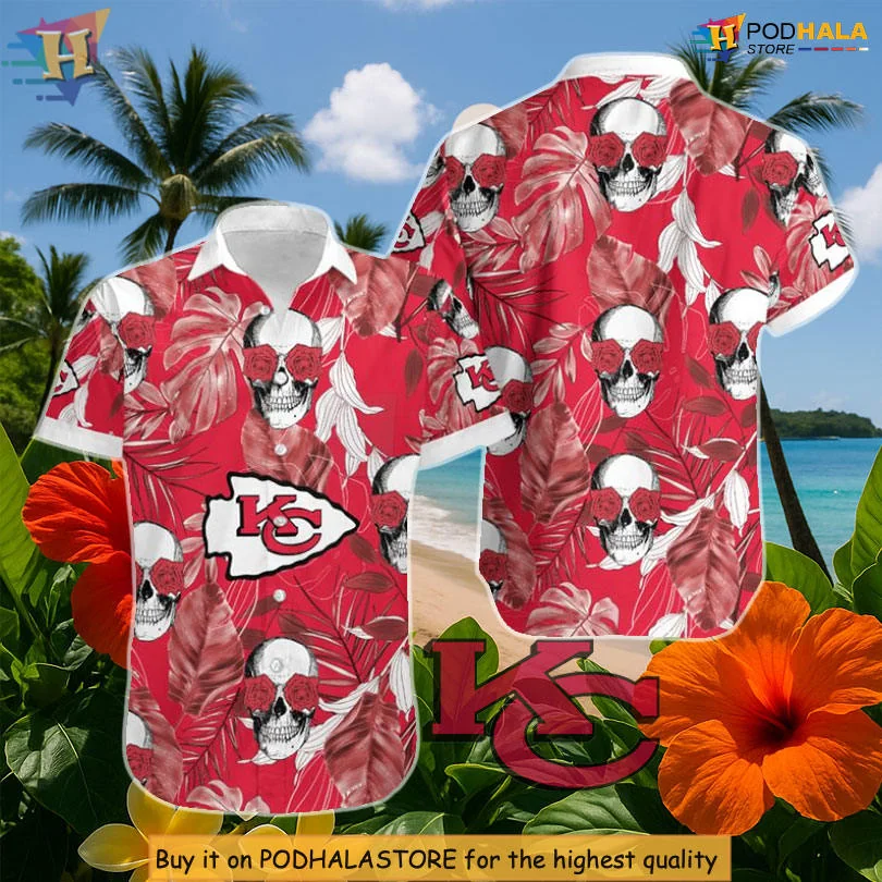 Kansas City Chiefs Skull Aloha Shirt With Tropical Coconut Leaves Design Kansas City Chiefs Skull Aloha Shirt With Tropical Coconut Leaves Design