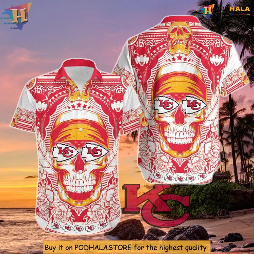 Kansas City Chiefs Skull Hawaiian Shirt With Tropical Floral Design