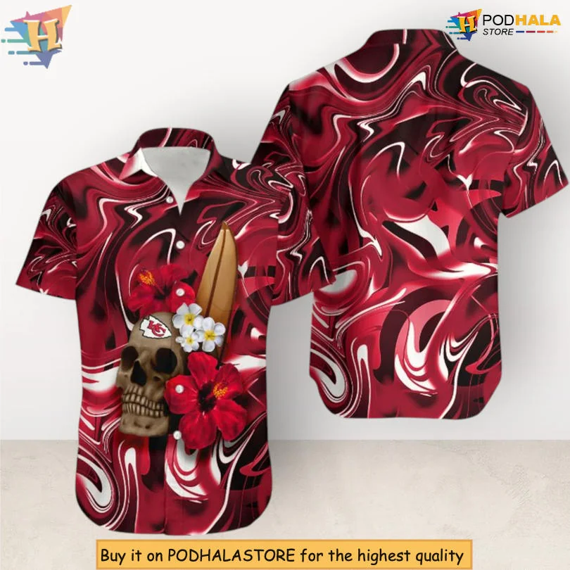 Kansas City Chiefs Skull Hawaiian Shirt With Tropical Flowers And Surfboard
