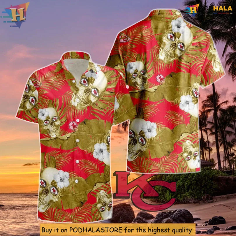 Kansas City Chiefs Skull Hawaiian Shirt With Tropical Hibiscus Design
