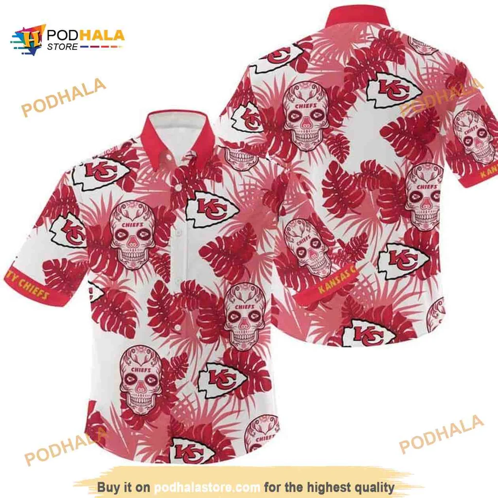 Kansas City Chiefs Skull Hawaiian Shirt With Tropical Leaves