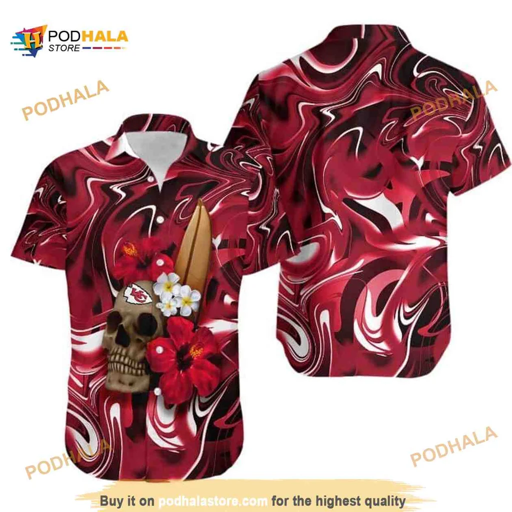 Kansas City Chiefs Skull Tropical Shirt With Hibiscus And Surfboard Design