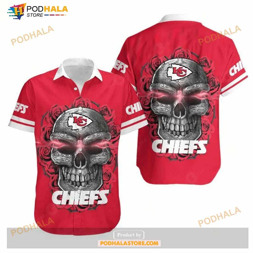 Kansas City Chiefs Sugar Skull Hawaiian Shirt With Roses And Red Eyes