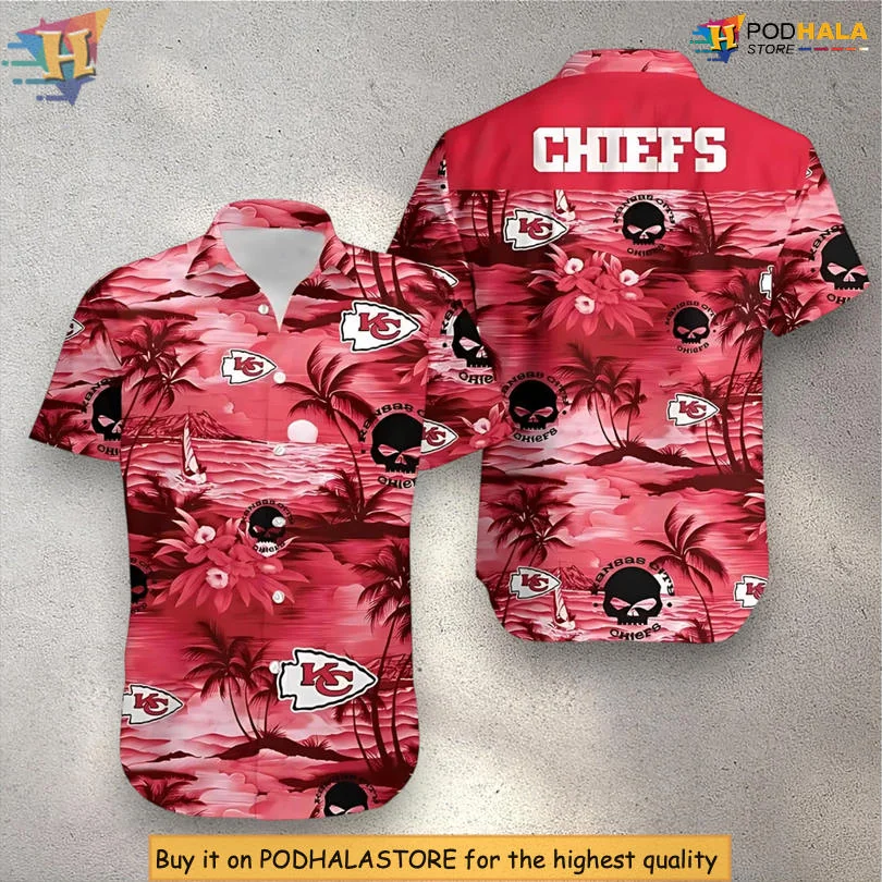 Kansas City Chiefs Tropical Hawaiian Shirt With Red Sunset Graphic