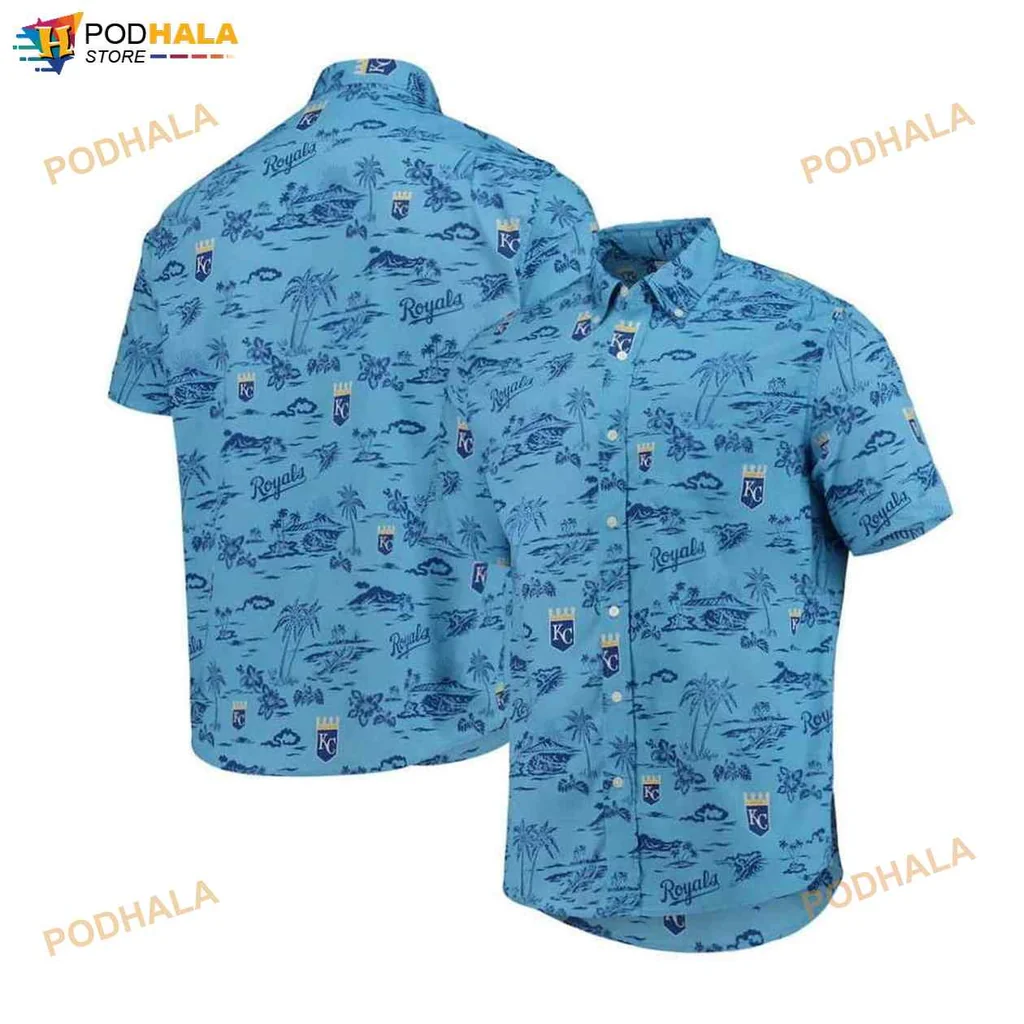 Kansas City Royals Aloha Shirt, Light Blue Tropical Design With Palm Trees