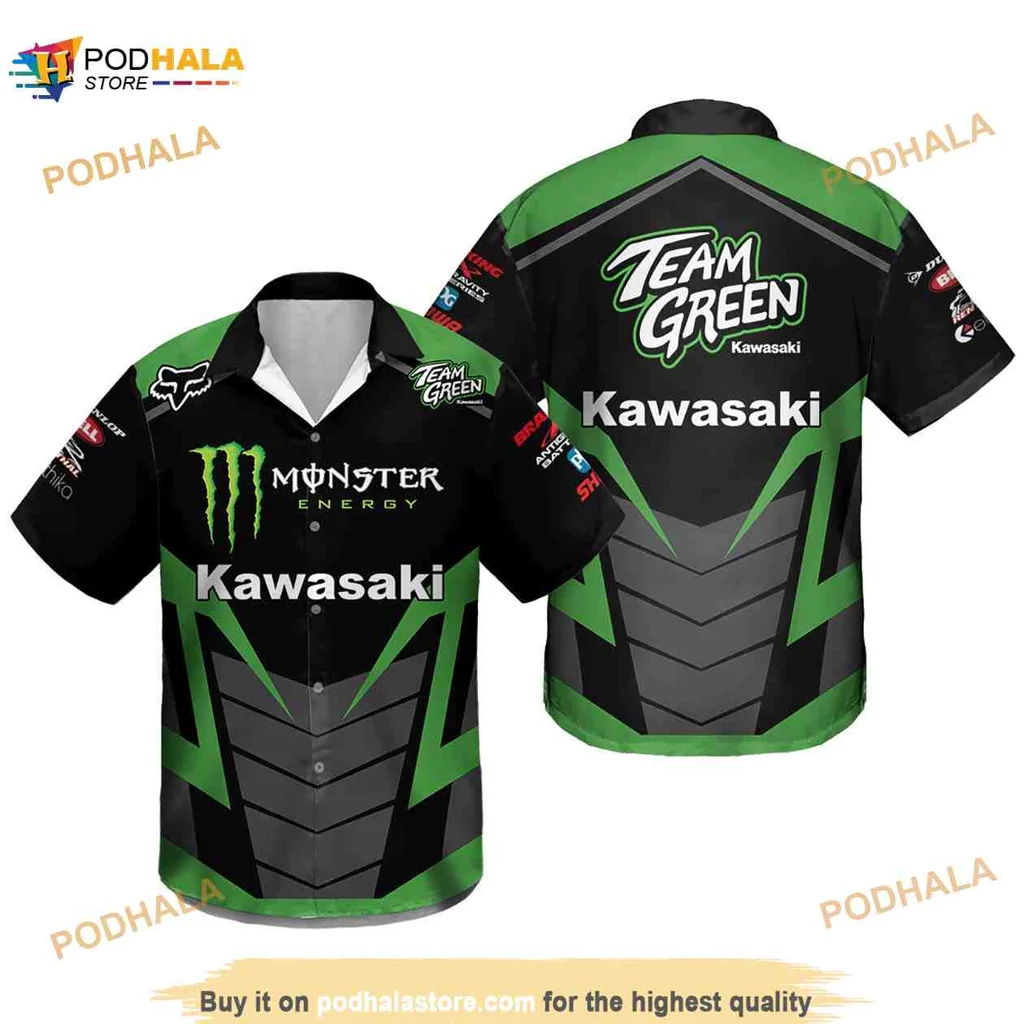 Kawasaki Racing Team Hawaiian Shirt With Monster Energy Logo
