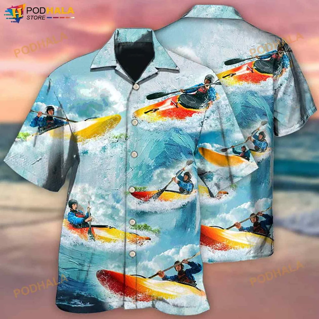 Kayaking Colorful Hawaiian Shirt With Vibrant Paddlers And Waves