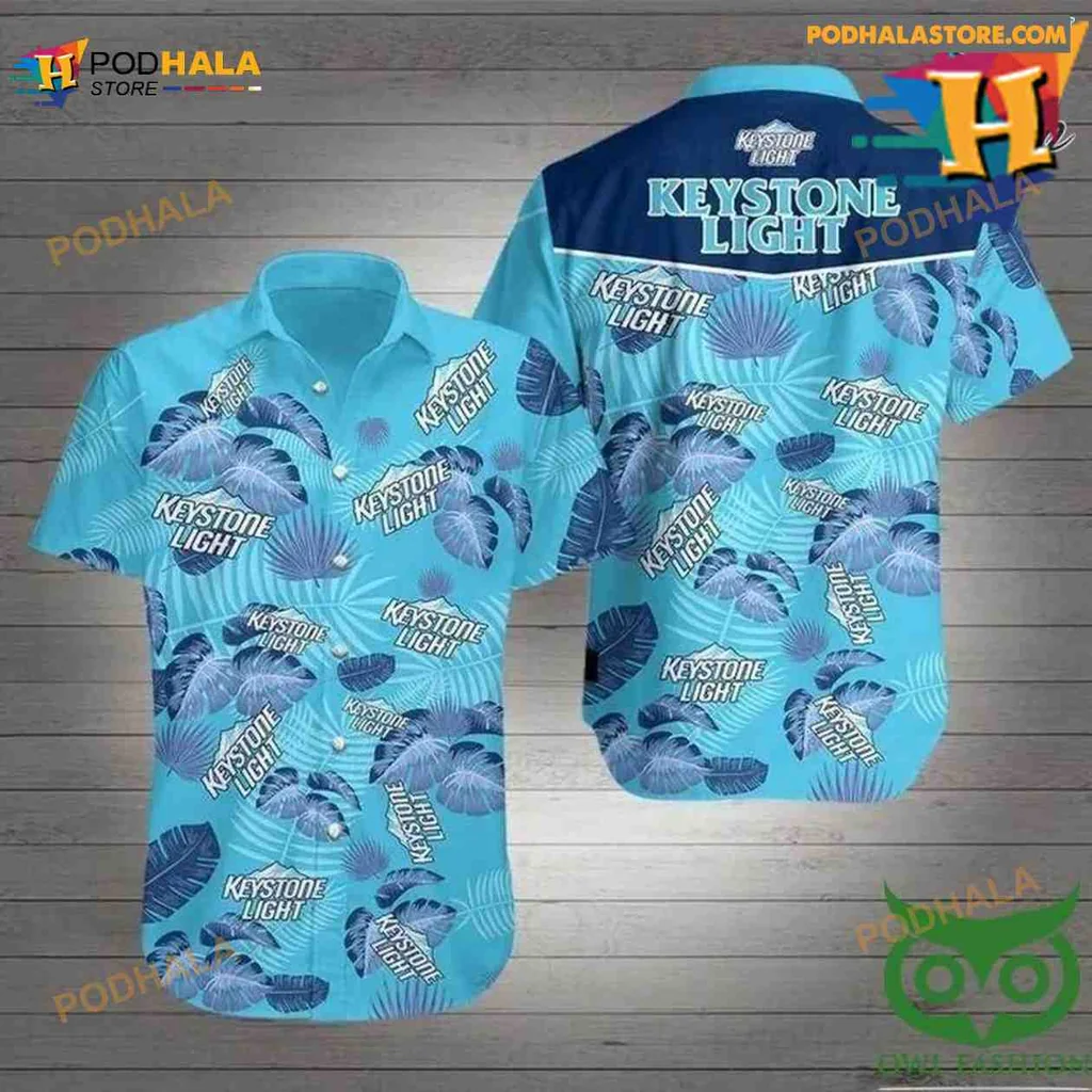 Keystone Light Beer Tropical Hawaiian Shirt With Blue Leaves Design