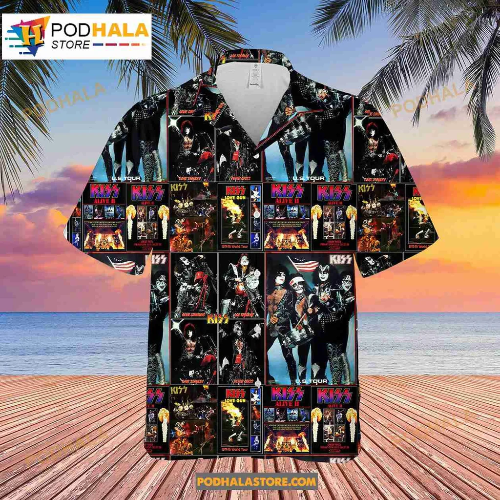 Kiss Band Fan Hawaiian Shirt Featuring Iconic Makeup And Album Covers
