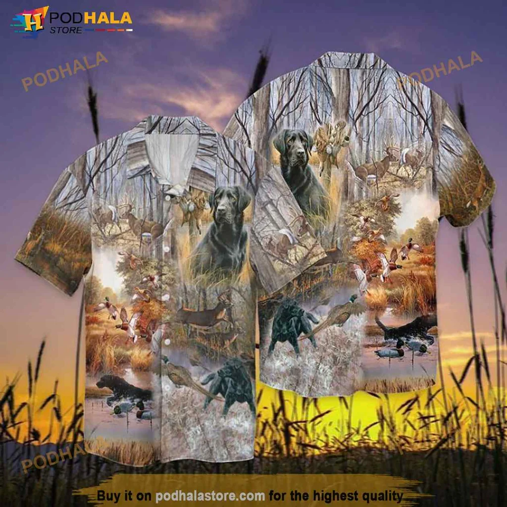 Labrador Hunting Hawaiian Shirt With Ducks In Flight And Nature Background