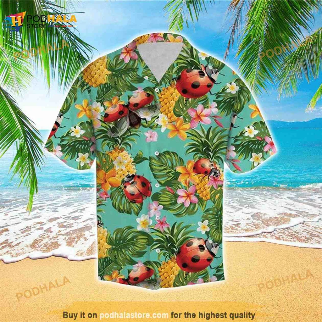 Ladybug Tropical Flower Hawaiian Shirt With Pineapples And Lush Green Leaves