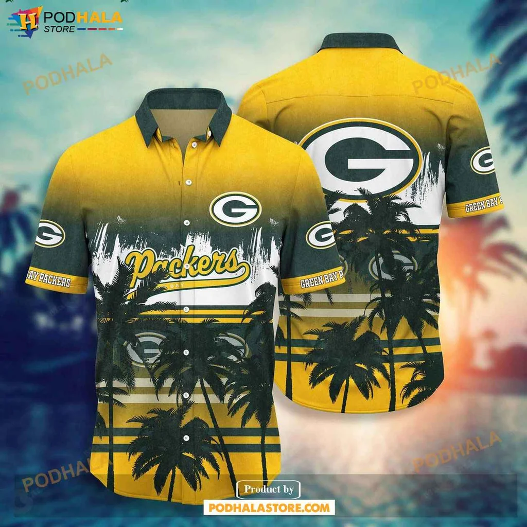 Laid Back Green Bay Packers Hawaiian Shirt With Palm Tree Sunset Design